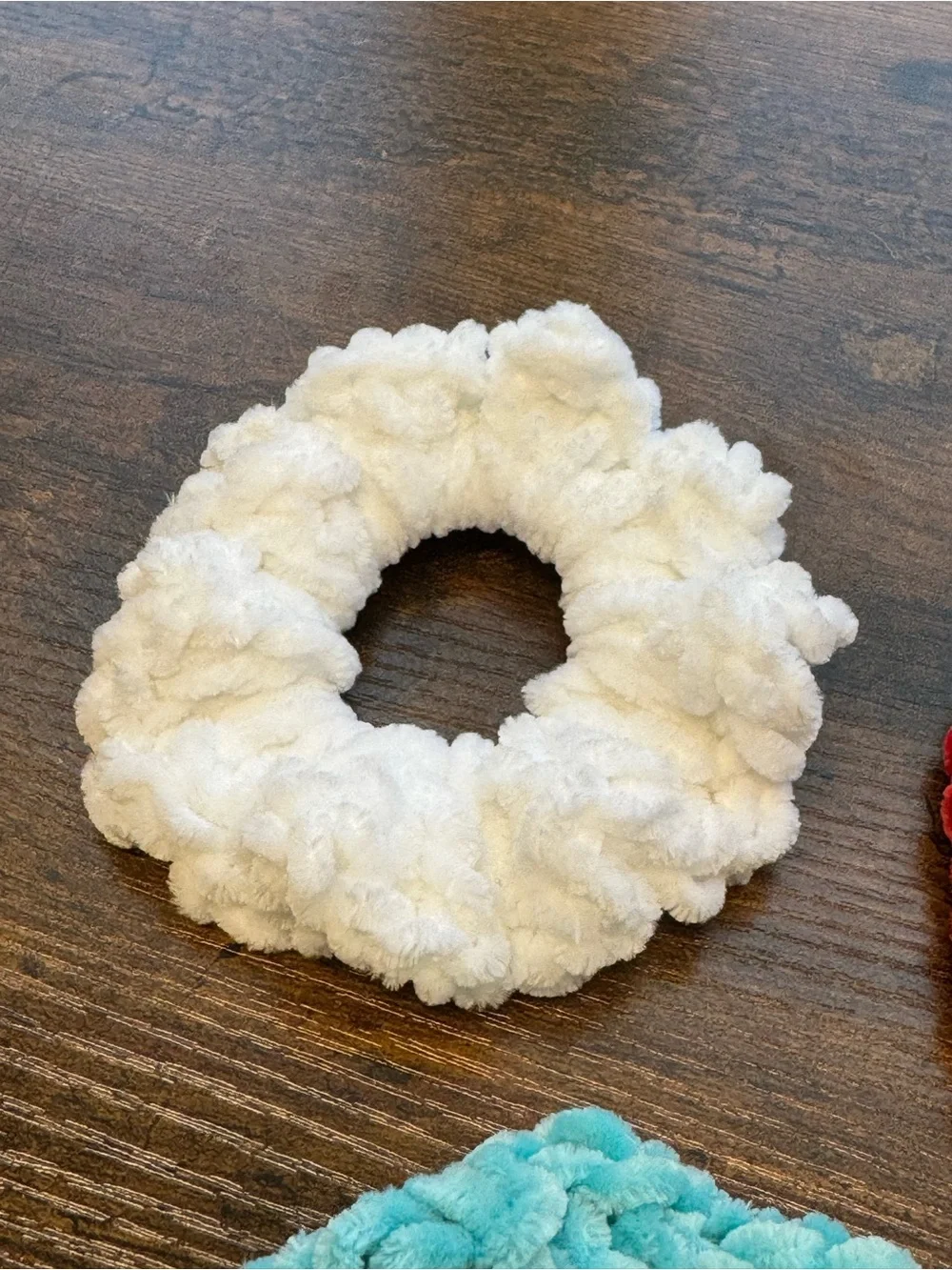 Hand Made Plush Scrunchie Trio in Teal, White, and Red